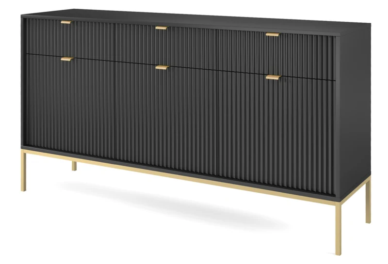 Drehtür-Kommode Vellore 154 cm schwarz mit gerillten Fronten und goldenem Gestell