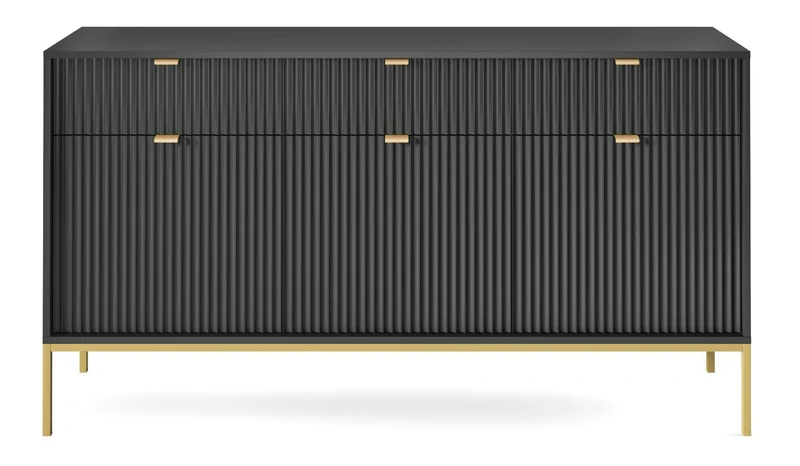 Drehtür-Kommode Vellore 154 cm schwarz mit gerillten Fronten und goldenem Gestell