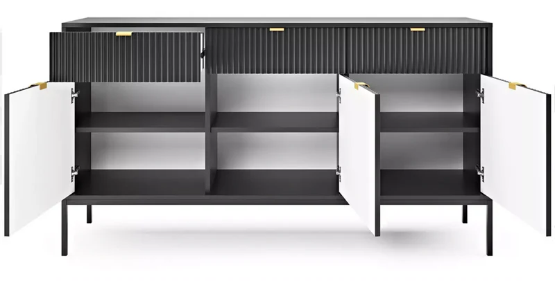 Drehtür-Kommode Vellore 154 cm schwarz mit gerillten Fronten und goldenem Gestell