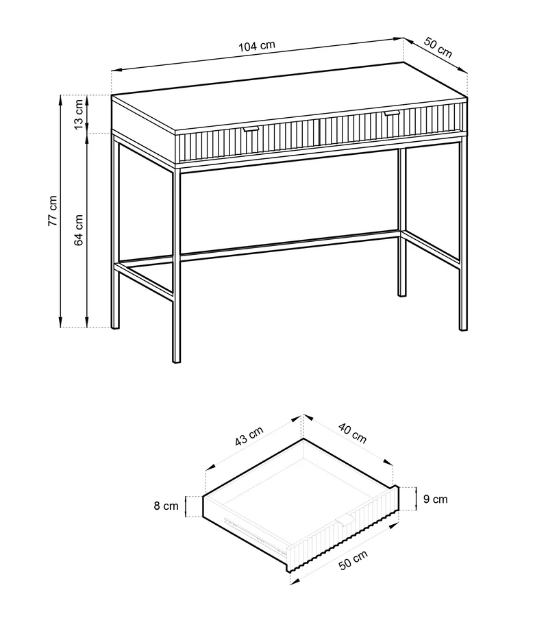 Schminktisch Vellore 104 cm grau mit geriffelten Fronten und goldenem Gestell