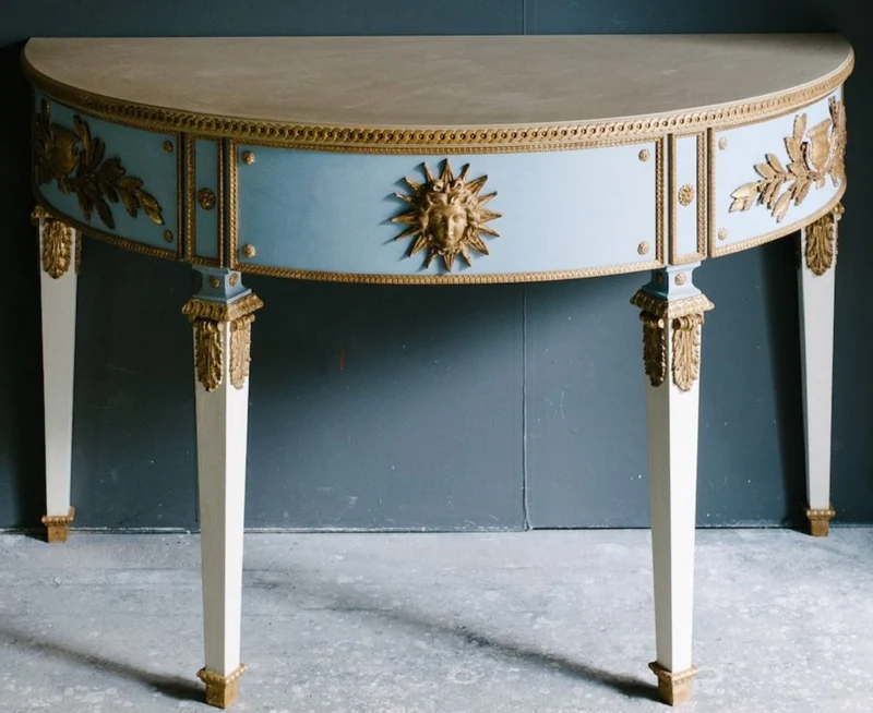Casa Padrino Luxus Barock Konsole Blau / Weiß / Gold 150 x 75 x H. 91 cm - Handgefertigter Halbrunder Antik Stil Konsolentisch