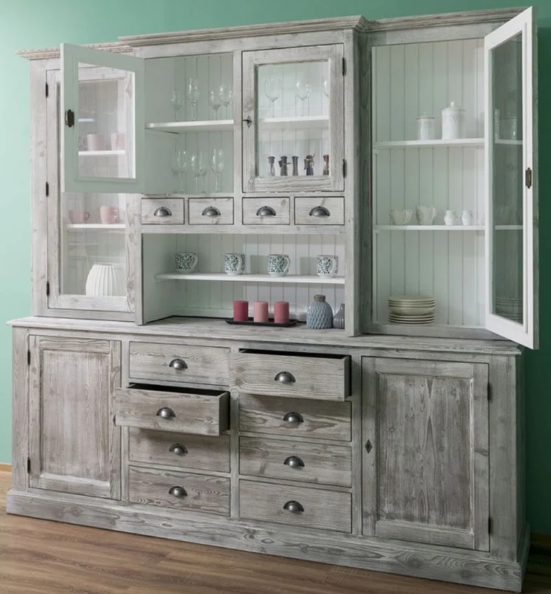 Casa Padrino Landhausstil Küchenschrank Grau / Weiß 244 x 47 x H. 225 cm - 2 Teiliger Schrank mit 6 Türen und 12 Schubladen - Landhausstil Küchenmöbel
