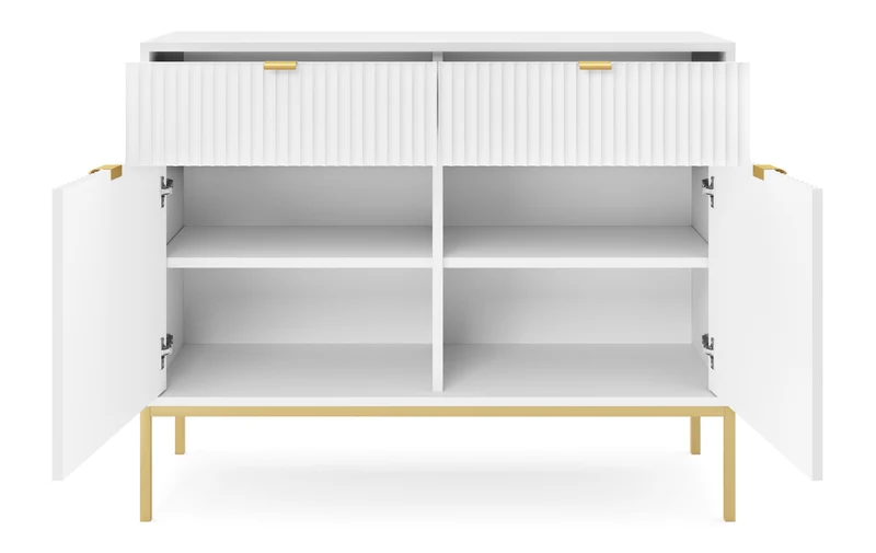 Zweiturige Kommode Vellore 104 cm weiß mit gerillten Fronten und goldenem Gestell