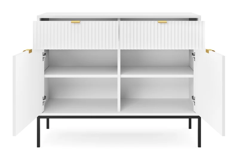 Zweiturige Kommode Vellore 104 cm weiß mit gerillten Fronten und goldenen Griffen