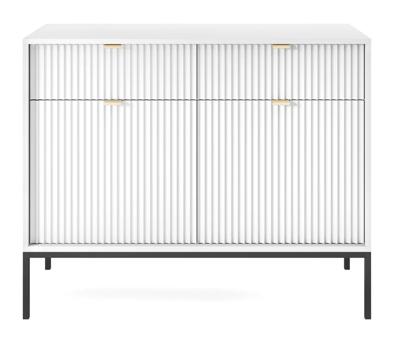 Zweiturige Kommode Vellore 104 cm weiß mit gerillten Fronten und goldenen Griffen