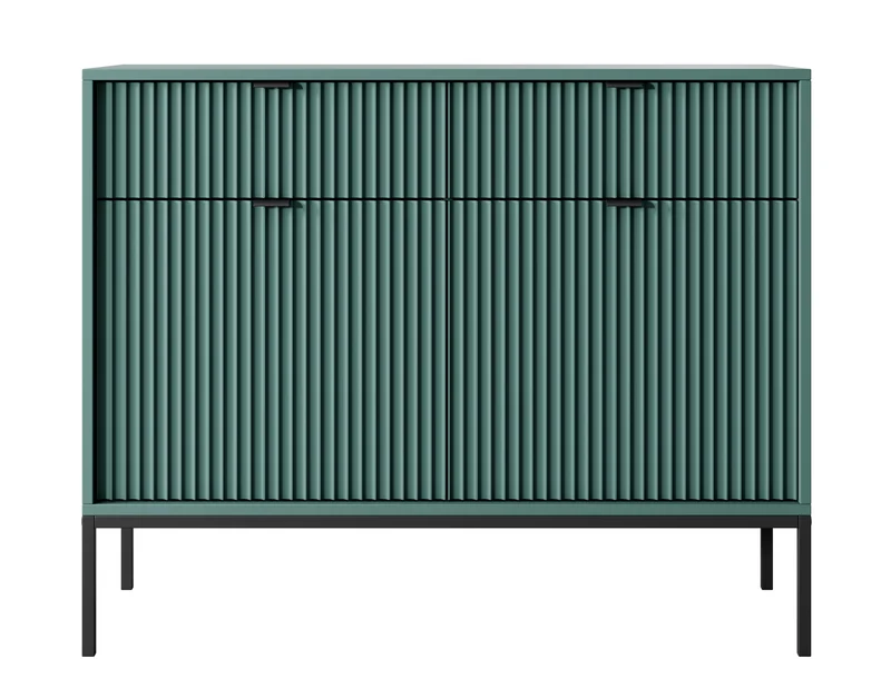 Zweittürige Kommode Vellore 104 cm grün mit geriffelten Fronten, schwarzen Griffen und Gestell