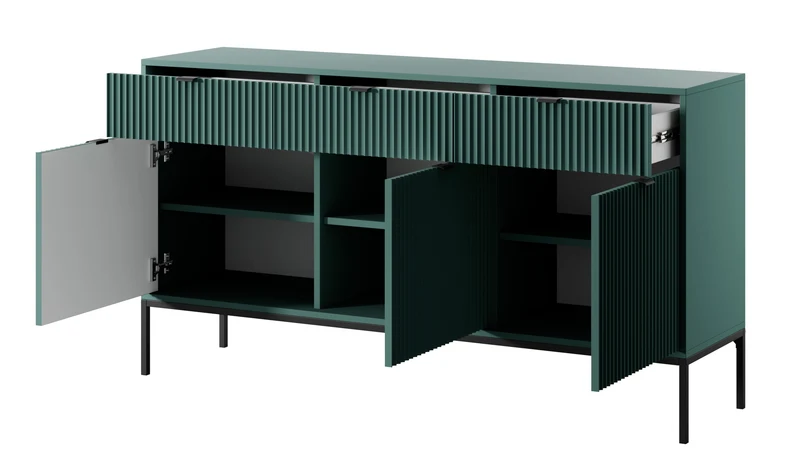 Drehtür-Kommode Vellore 154 cm grün mit gerillten Fronten, schwarzen Griffen und Gestell