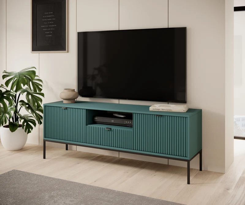 TV-Schrank Vellore 154 cm grün mit gerillten Fronten, schwarzen Griffen und Gestell