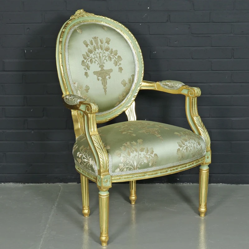Casa Padrino Barock Salon Stuhl Medaillon Mod2 mit Armlehnen Hellgrün / Gold - Antikstil Stuhl - 65 x 65 x 100 cm