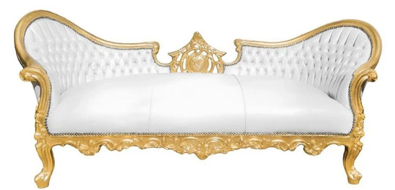 Casa Padrino Barock Sofa Vampire Weiß / Gold 200 x 75 x H. 82 cm - Handgefertigte Lounge Couch mit Lederoptik - Limited Edition - Barockmöbel