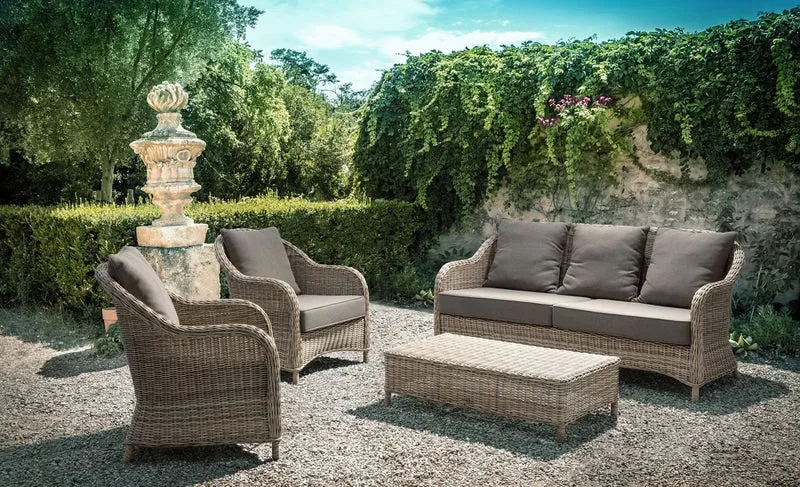 Casa Padrino Luxus Gartensessel Naturfarben / Grau 75 x 82 x H. 83 cm - Wetterbeständiger Garten & Terrassen Sessel - Garten & Terrassen Möbel - Luxus Qualität