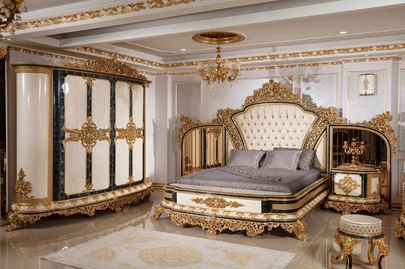 Casa Padrino Luxus Barock Doppelbett Gold / Weiß / Blau / Gold - Prunkvolles Massivholz Bett mit verspiegeltem Kopfteil - Schlafzimmer Möbel im Barockstil - Edel & Prunkvoll