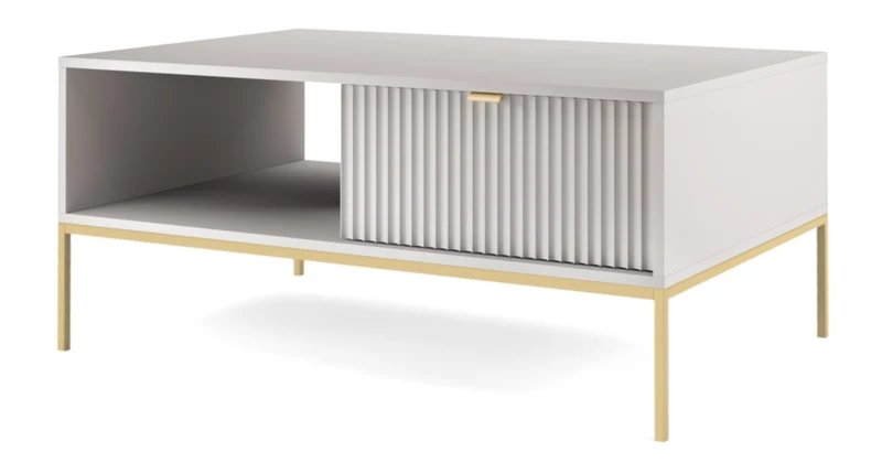 Couchtisch Vellore 104x68 cm grau mit geriffelter Front und goldenem Gestell