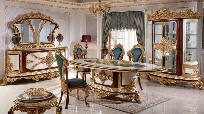 Casa Padrino Luxus Barock Esszimmer Set Weiß / Braun / Blau / Gold - 1 Barock Esstisch & 6 Barock Esszimmerstühle - Barock Esszimmer Möbel - Edel & Prunkvoll