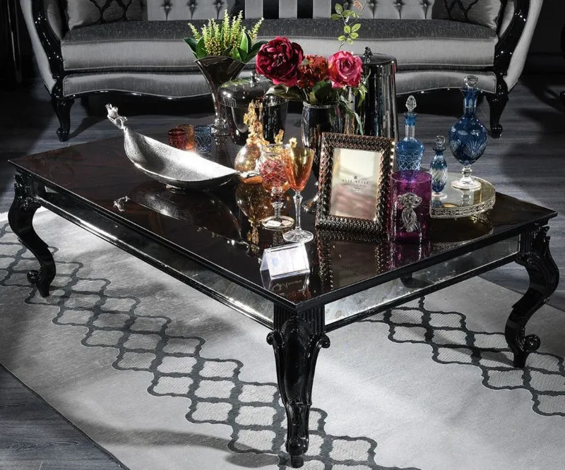 Casa Padrino Luxus Barock Couchtisch Schwarz / Braun 140 x 90 x H. 46 cm - Edler Massivholz Wohnzimmertisch mit Glasplatte und Spiegelglas - Luxus Qualität - Made in Italy