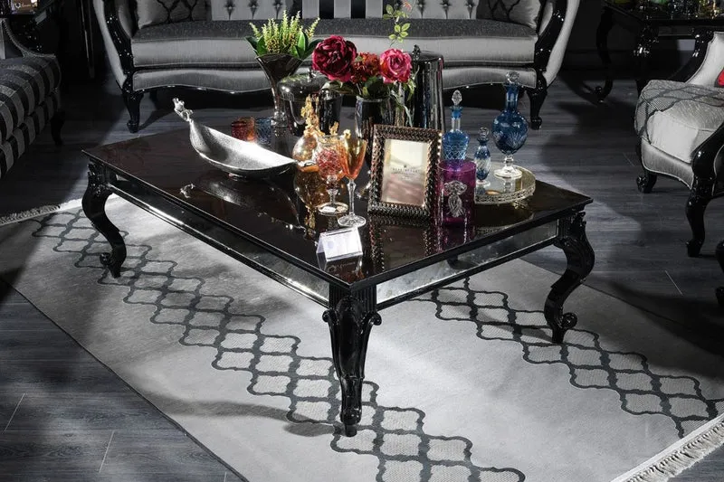 Casa Padrino Luxus Barock Couchtisch Schwarz / Braun 140 x 90 x H. 46 cm - Edler Massivholz Wohnzimmertisch mit Glasplatte und Spiegelglas - Luxus Qualität - Made in Italy