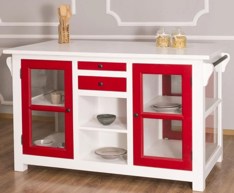Casa Padrino Landhausstil Kücheninsel Weiß / Rot 150 x 90 x H. 90 cm - Massivholz Küchenschrank mit 4 Glastüren und 4 Schubladen - Landhausstil Küchenmöbel