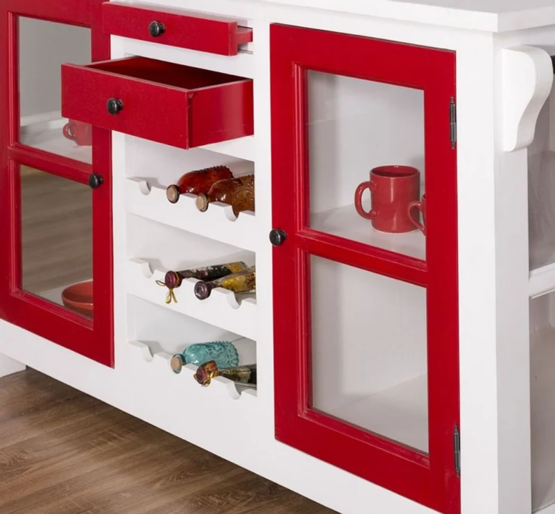 Casa Padrino Landhausstil Kücheninsel Weiß / Rot 150 x 90 x H. 90 cm - Massivholz Küchenschrank mit 4 Glastüren und 4 Schubladen - Landhausstil Küchenmöbel