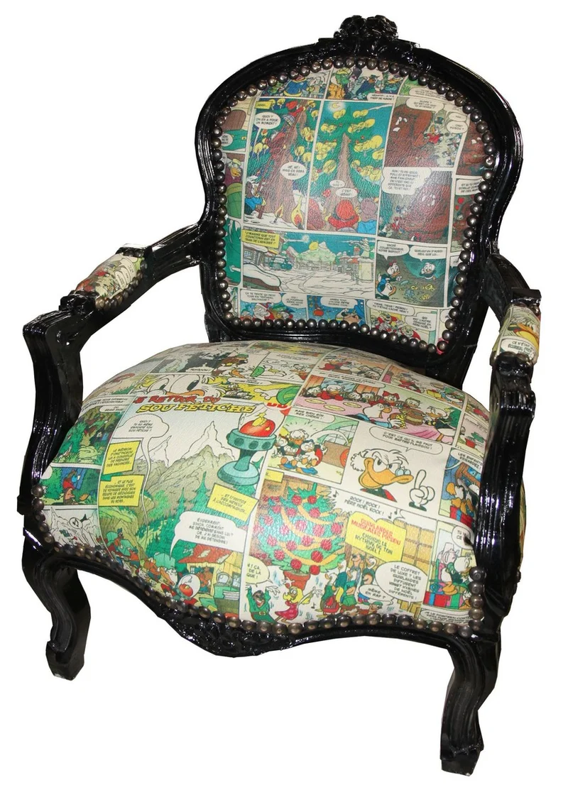 Casa Padrino Barock Kinderstuhl Comic Lederoptik / Schwarz - Handgefertigter Armlehnstuhl aus Massivholz, 73 x 51 x 37 cm