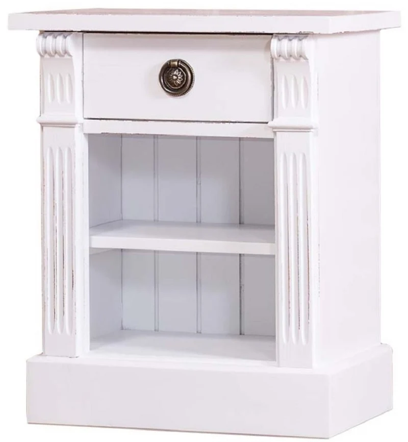 Casa Padrino Landhausstil Nachttisch mit Schublade und Regal Antik Weiß 49 x 33 x H. 60 cm - Massivholz Nachtkommode - Nachtschrank - Landhausstil Schlafzimmermöbel