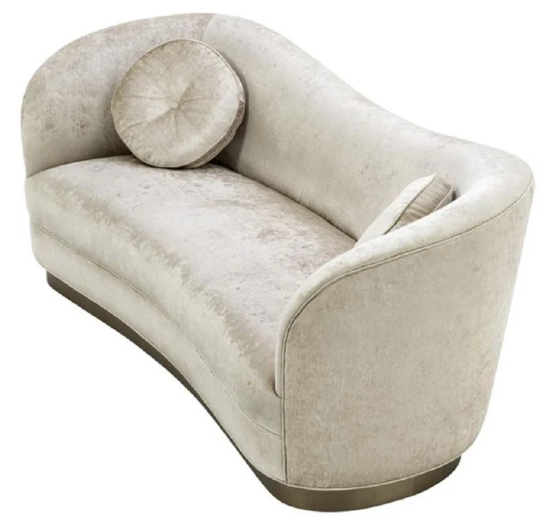 Casa Padrino Luxus Wohnzimmer Sofa Weiß-Beige / Bronze 230 x 85 x H. 82 cm - Gebogene Luxus Couch mit 2 dekorativen Kissen