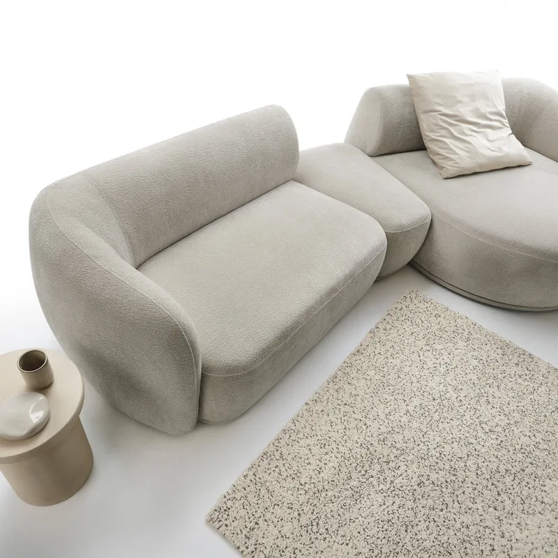 Modulare Eckcouch Bommo, L-förmig mit Hocker, rechtsseitig, grau-beige Chenille