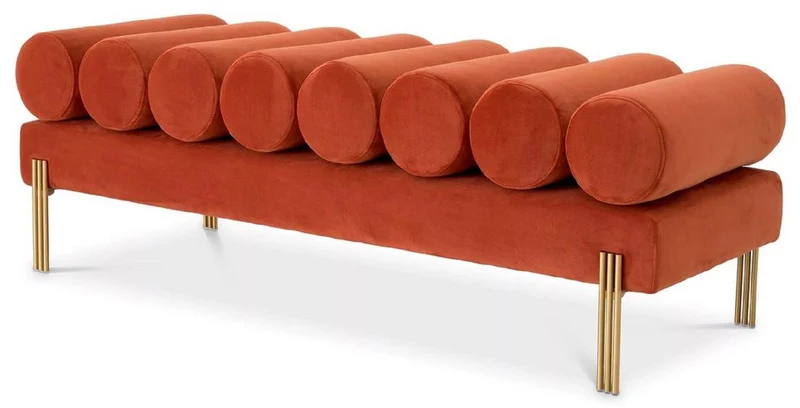 Casa Padrino Luxus Samt Sitzbank Orange / Messing 130 x 45 x H. 42 cm - Wohnzimmer Bank - Schlafzimmer Bank - Wohnzimmer Möbel - Schlafzimmer Möbel - Luxus Möbel - Luxus Einrichtung