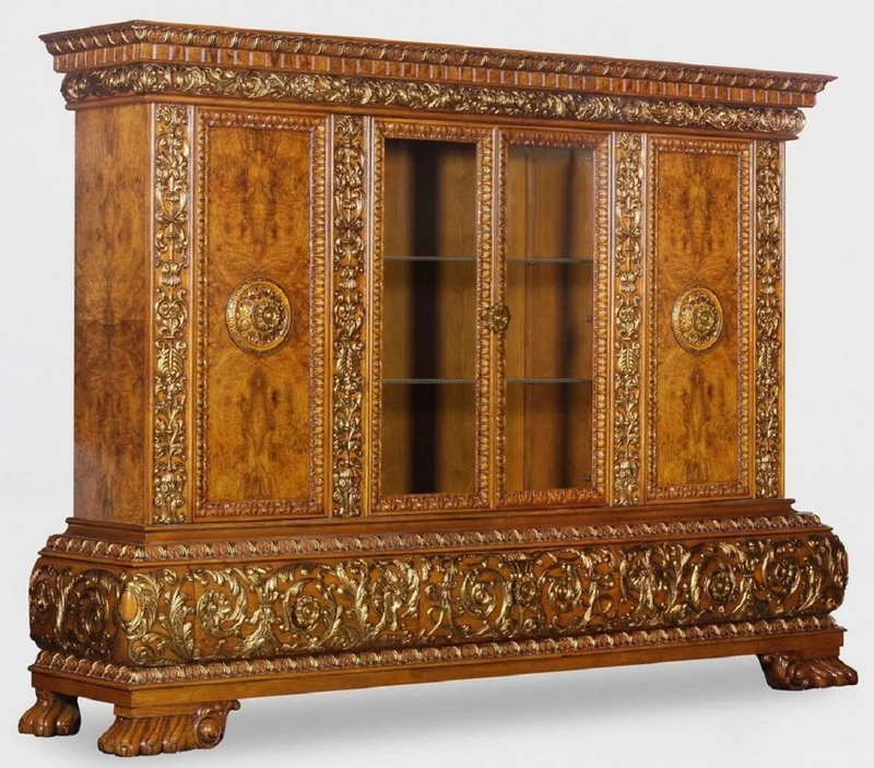 Casa Padrino Luxus Wohnzimmerschrank mit LED Beleuchtung Braun / Gold 268 x 58 x H. 189 cm - Massivholz Schrank - Luxus Möbel - Luxus Einrichtung - Wohnzimmer Einrichtung - Luxus Qualität
