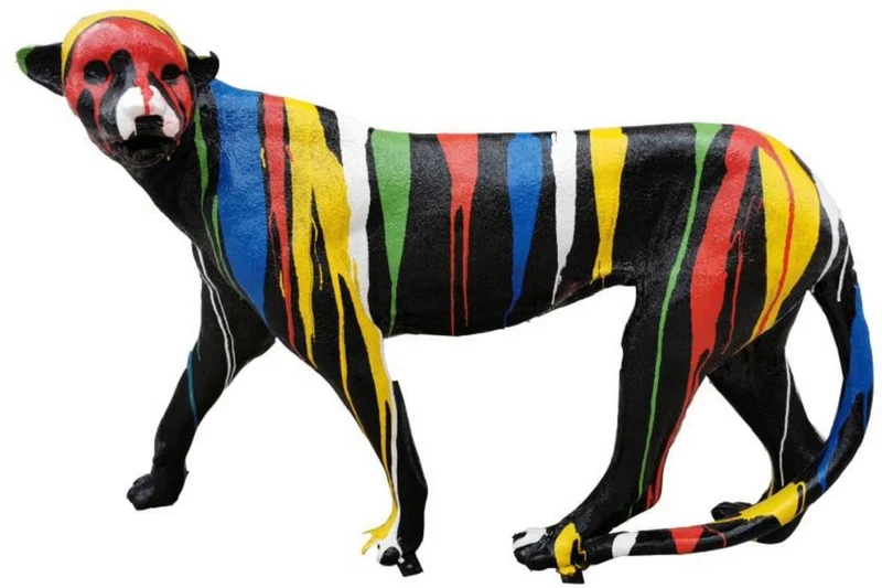 Casa Padrino Luxus Deko Skulptur Gepard Schwarz / Mehrfarbig H. 135 x H. 85 cm - Große Deko Figur - XXL Deko Skulptur - XXL Deko Figur - Wohnzimmer Deko - Garten Deko - Luxus Figuren