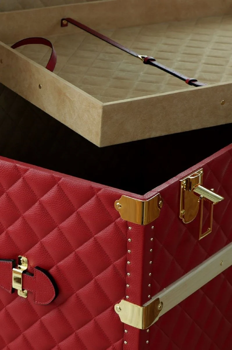 Casa Padrino Luxus Echtleder Koffer Rot / Gold 100 cm - Made in Italy