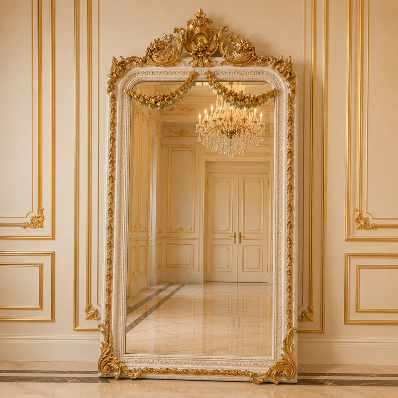 Casa Padrino Barock Standspiegel Weiß / Gold 115 x H. 220 cm - mit Blumenkorb Bekrönung - Handgefertigter Antik Stil Ganzkörperspiegel - Garderoben Spiegel - Schlafzimmer Spiegel - Barock Möbel