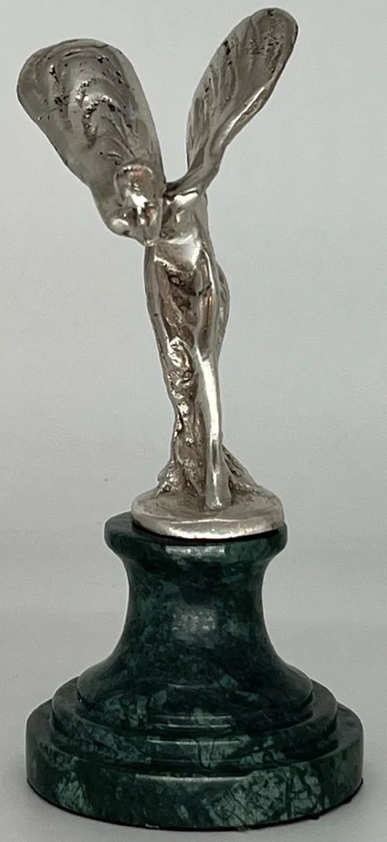 Casa Padrino Luxus Briefbeschwerer Skulptur Frau mit Flügeln Silber / Grün 7 x 8 x H. 16 cm - Elegante Bronze Figur mit Marmorsockel - Schreibtisch Deko - Luxus Deko - Deko Accessoires
