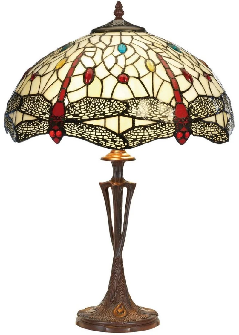 Casa Padrino Luxus Tiffany Tischleuchte Mehrfarbig / Braun Ø 40 x H. 60 cm - Runde Tiffany Schreibtischleuchte - Wohnzimmer Deko Leuchte - Scheibtisch Deko Leuchte - Luxus Tiffany Leuchten