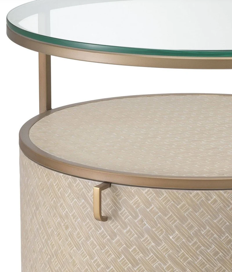 Casa Padrino Luxus Nachttisch Beige / Messingfarben Ø 50 x H. 56 cm - Runder Beistelltisch mit Schublade und Glasplatte - Luxus Schlafzimmermöbel