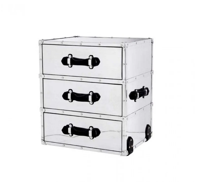 Casa Padrino Luxus Art Deco Designer Beistelltisch mit 3 Schubladen - Poliertes Aluminium & Schwarzes Leder - 58 x 47 x H. 66 cm