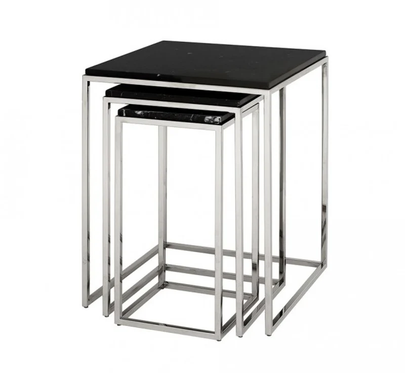 Casa Padrino Luxus Art Deco Designer Beistelltisch 3er Set - Edler Satztisch aus poliertem Stahl und schwarzem Marmor, 50x50x65 cm