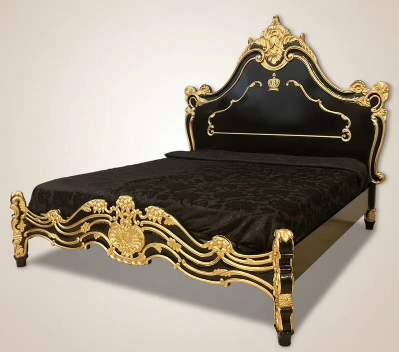 Pompöös by Casa Padrino Luxus Barock Doppelbett mit Matratze Schwarz / Gold - Pompööses Barock Bett designed by Harald Glööckler - Schlafzimmer Möbel im Barockstil - Barock Möbel - Edel & Prunkvoll