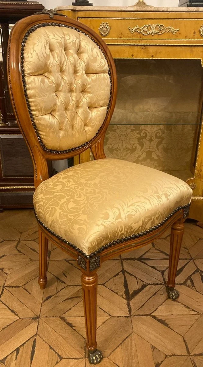 Casa Padrino Luxus Barock Esszimmer Stuhl Gold Muster / Braun / Antik Messing - Handgefertigter Massivholz Stuhl mit Löwenfüßen - Barockstil Küchenstuhl - Barock Esszimmer Möbel - Edel & Prunkvoll