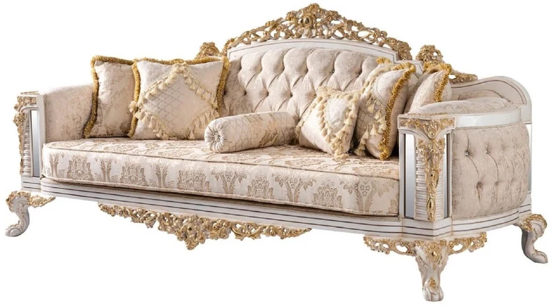 Casa Padrino Luxus Barock Sofa Beige / Weiß / Gold - Prunkvolles Wohnzimmer Sofa mit Glitzersteinen - Barockstil Wohnzimmer Möbel - Luxus Möbel im Barockstil - Barock Einrichtung - Edel & Prunkvoll