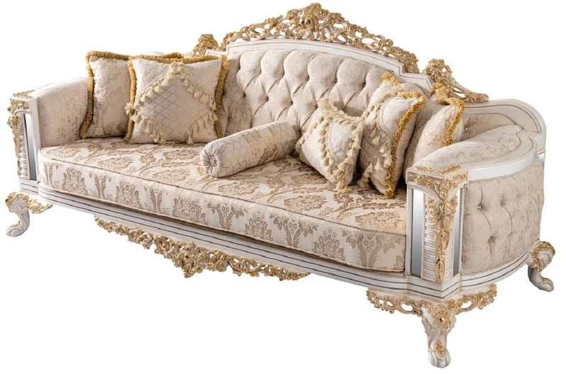 Casa Padrino Luxus Barock Sofa Beige / Weiß / Gold - Prunkvolles Wohnzimmer Sofa mit Glitzersteinen - Barockstil Wohnzimmer Möbel - Luxus Möbel im Barockstil - Barock Einrichtung - Edel & Prunkvoll