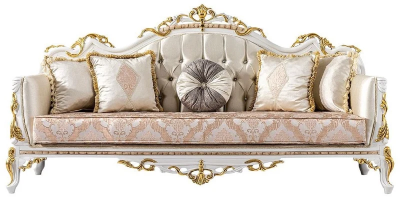 Casa Padrino Luxus Barock Sofa Gold / Silber / Braun / Weiß / Gold - Prunkvolles Wohnzimmer Sofa mit Glitzersteinen - Barockstil Wohnzimmer Möbel - Luxus Möbel im Barockstil - Barock Einrichtung