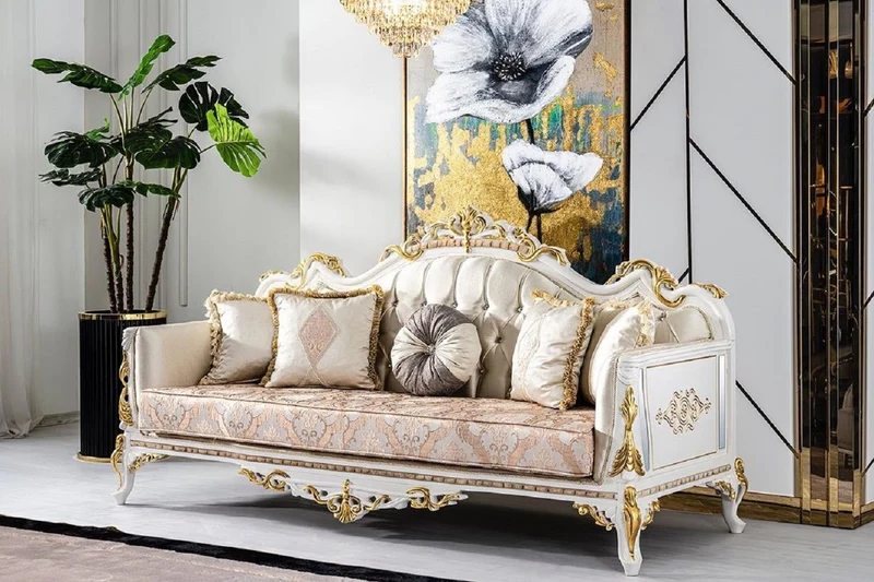 Casa Padrino Luxus Barock Sofa Gold / Silber / Braun / Weiß / Gold - Prunkvolles Wohnzimmer Sofa mit Glitzersteinen - Barockstil Wohnzimmer Möbel - Luxus Möbel im Barockstil - Barock Einrichtung