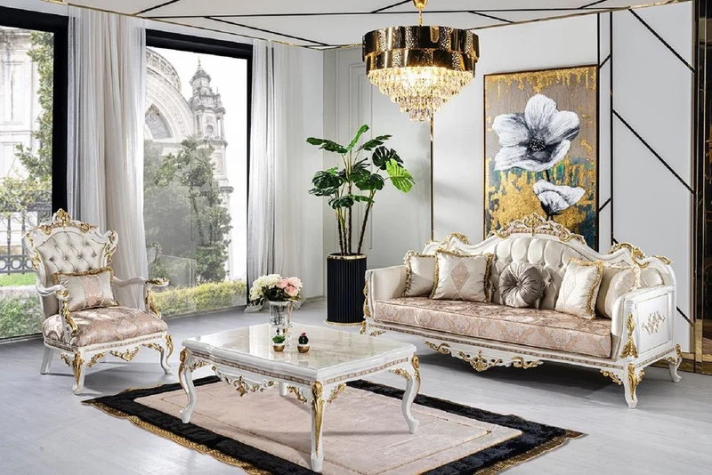 Casa Padrino Luxus Barock Sofa Gold / Silber / Braun / Weiß / Gold - Prunkvolles Wohnzimmer Sofa mit Glitzersteinen - Barockstil Wohnzimmer Möbel - Luxus Möbel im Barockstil - Barock Einrichtung