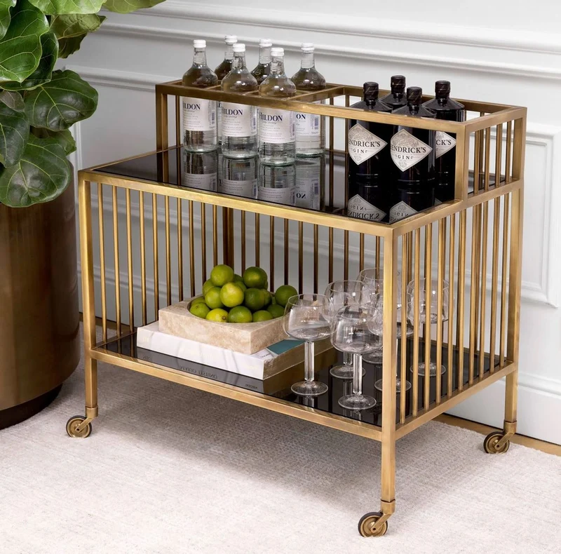 Casa Padrino Luxus Servierwagen Vintage Messing / Grau 80 x 50,5 x H. 76,5 cm - Hotel Restaurant Gastronomie Trolley - Luxus Hotel Restaurant Gastronomie Accessoires - Luxus Möbel
