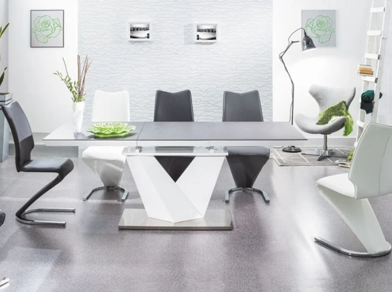 Casa Padrino Designer Esstisch Schwarz / Weiß / Silber - Verschiedene Tischgrößen - Moderner Ausziehbarer Küchentisch mit Tischplatte in Steinoptik - Esszimmer Möbel