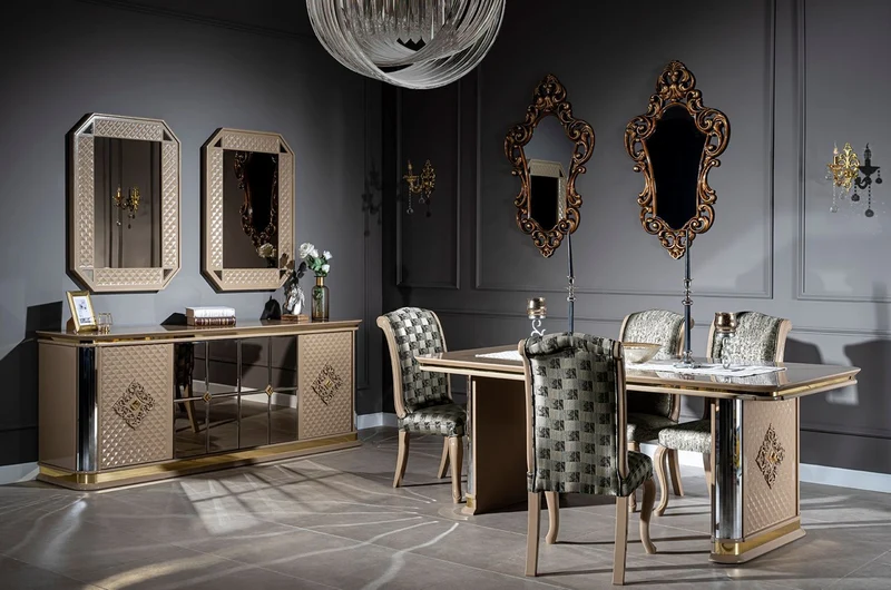 Casa Padrino Luxus Art Deco Esstisch Beige / Gold - Edler Massivholz Küchentisch - Art Deco Esszimmer Möbel