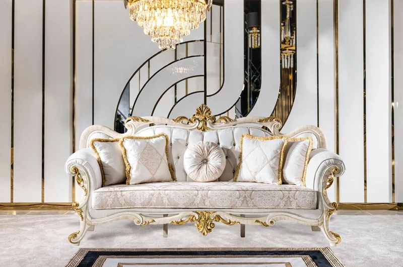 Casa Padrino Luxus Barock Sofa Weiß / Braun / Weiß / Beige / Gold - Prunkvolles Wohnzimmer Sofa mit Glitzersteinen - Barockstil Wohnzimmer Möbel - Luxus Möbel im Barockstil - Barock Einrichtung
