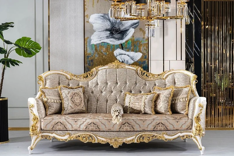 Casa Padrino Luxus Barock Sofa Silber / Beige / Schwarz / Weiß / Gold - Prunkvolles Wohnzimmer Sofa mit Glitzersteinen - Barockstil Wohnzimmer Möbel - Luxus Möbel im Barockstil - Barock Einrichtung