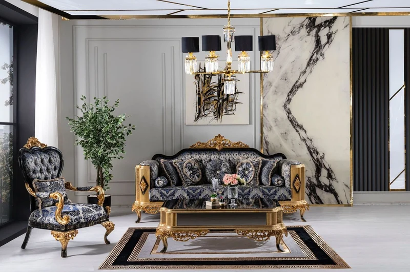 Casa Padrino Luxus Barock Sofa Blau / Schwarz / Gold - Prunkvolles Wohnzimmer Sofa - Barockstil Wohnzimmer Möbel - Luxus Möbel im Barockstil - Barock Wohnzimmer Einrichtung