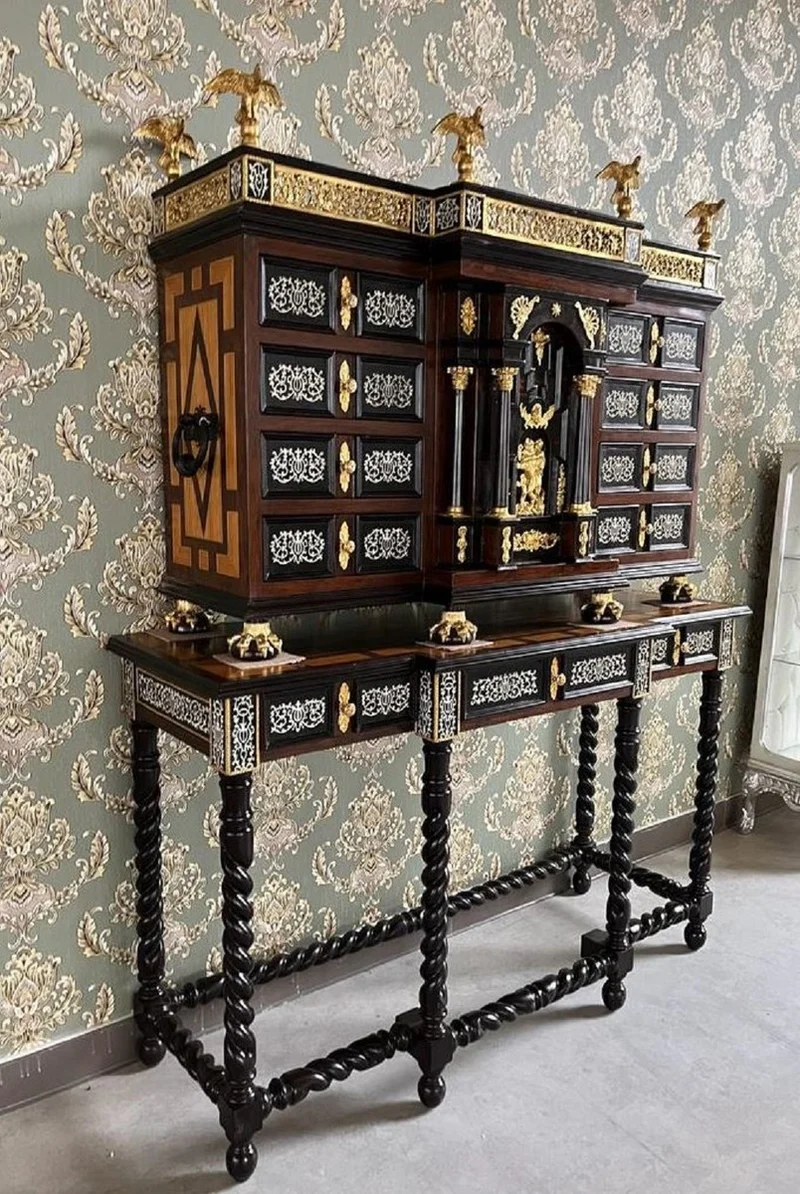Casa Padrino Luxus Barock Sekretär Schwarz / Braun / Gold - Handgefertigter Antik Stil Massivholz Sekretär mit Türen und Schubladen - Barock Büromöbel - Barock Möbel - Edel & Prunkvoll